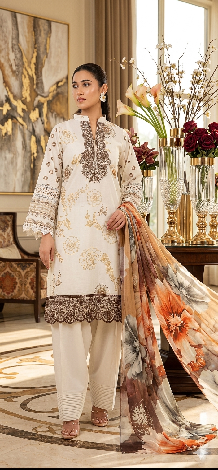 3 Pc Lawn Suit (Unstitched) with Embroidered Patches