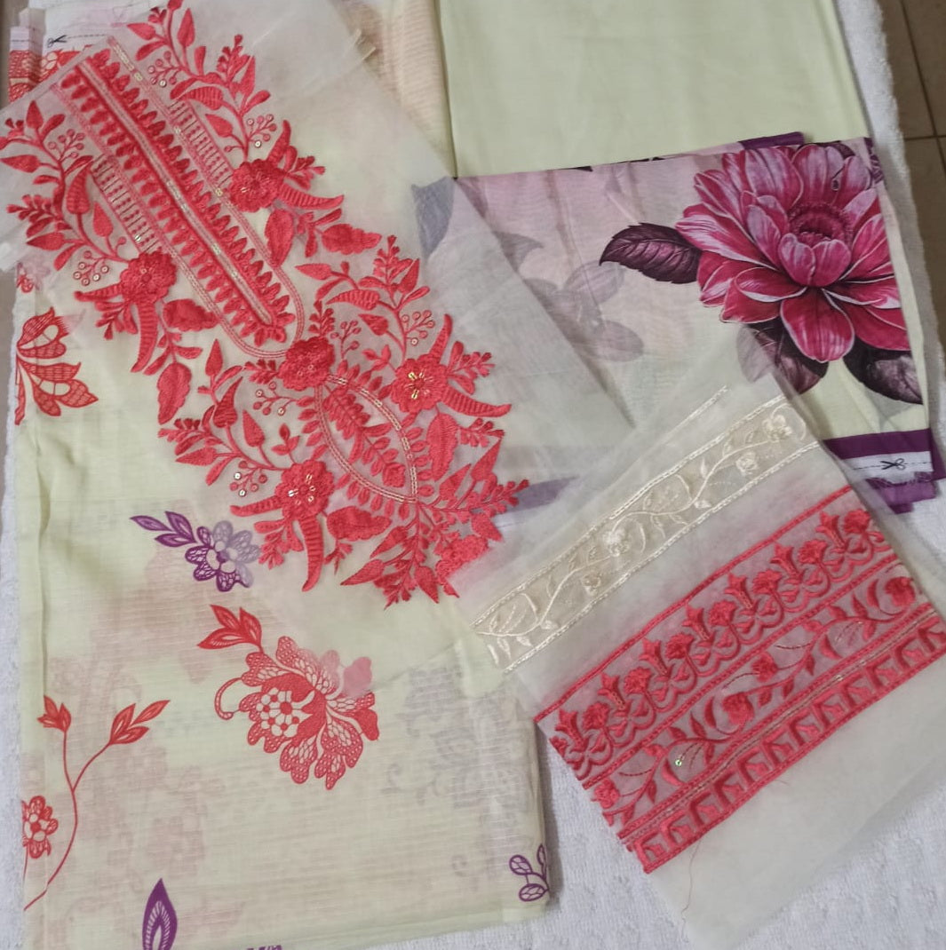 3 Pc Lawn Suit (Unstitched) with Embroidered Patches