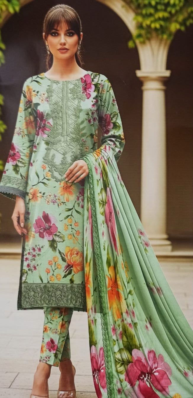 3 Piece Lawn Unstitched Suit with Embroidered Patches & Chiffon Dupatta with 4-Sided Lace