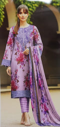 3 Piece Lawn Unstitched Suit with Embroidered Patches & Chiffon Dupatta with 4-Sided Lace