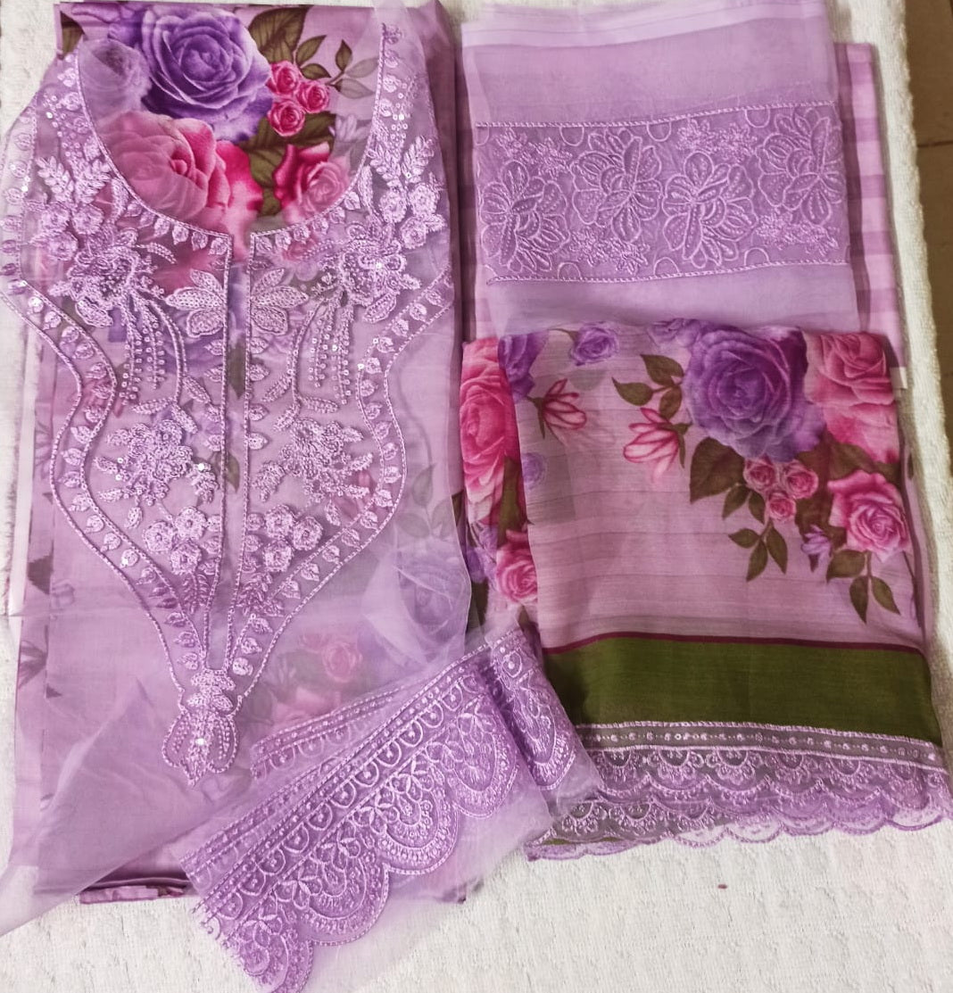 3 Piece Lawn Unstitched Suit with Embroidered Patches & Chiffon Dupatta with 4-Sided Lace