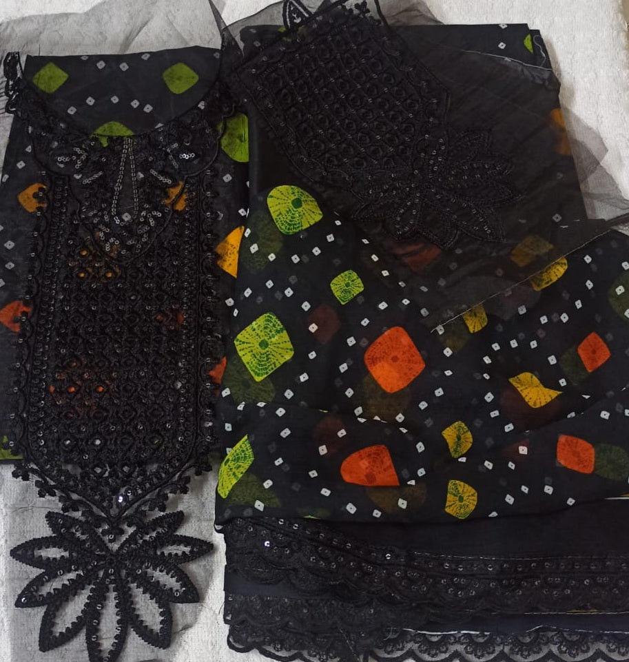 3 Pc Lawn Suit (Unstitched) with Organza Embroidered Patches | Premium Fabric