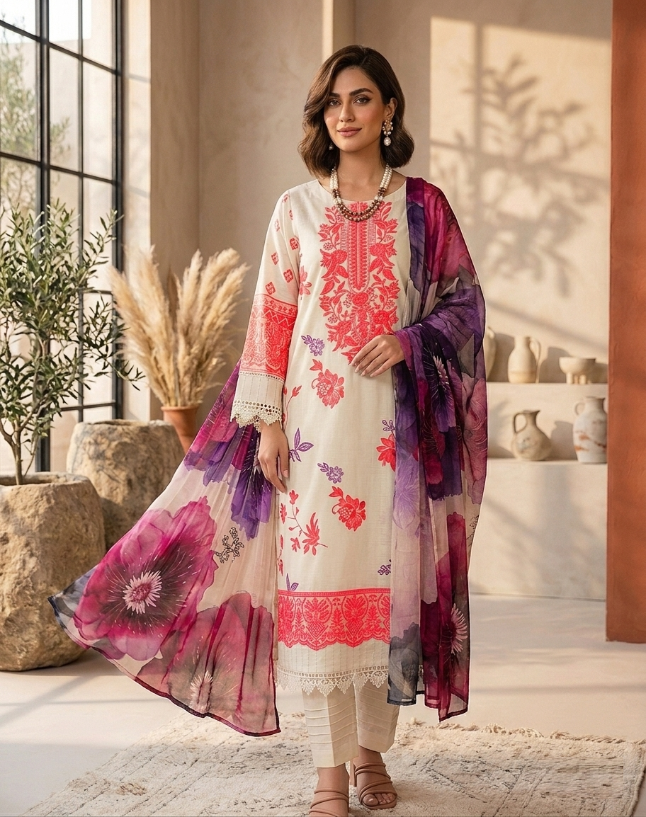 3 Pc Lawn Suit (Unstitched) with Embroidered Patches