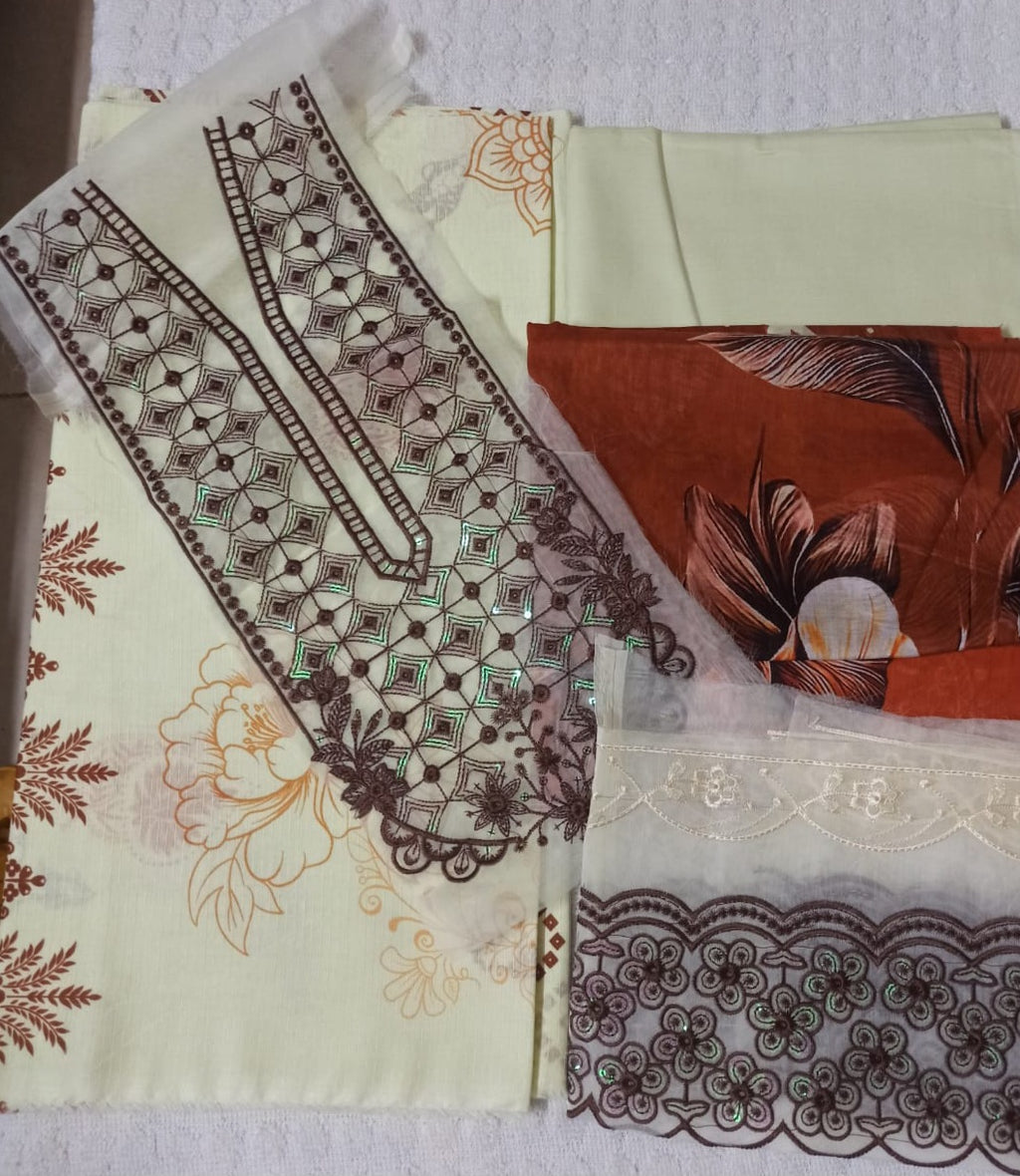 3 Pc Lawn Suit (Unstitched) with Embroidered Patches